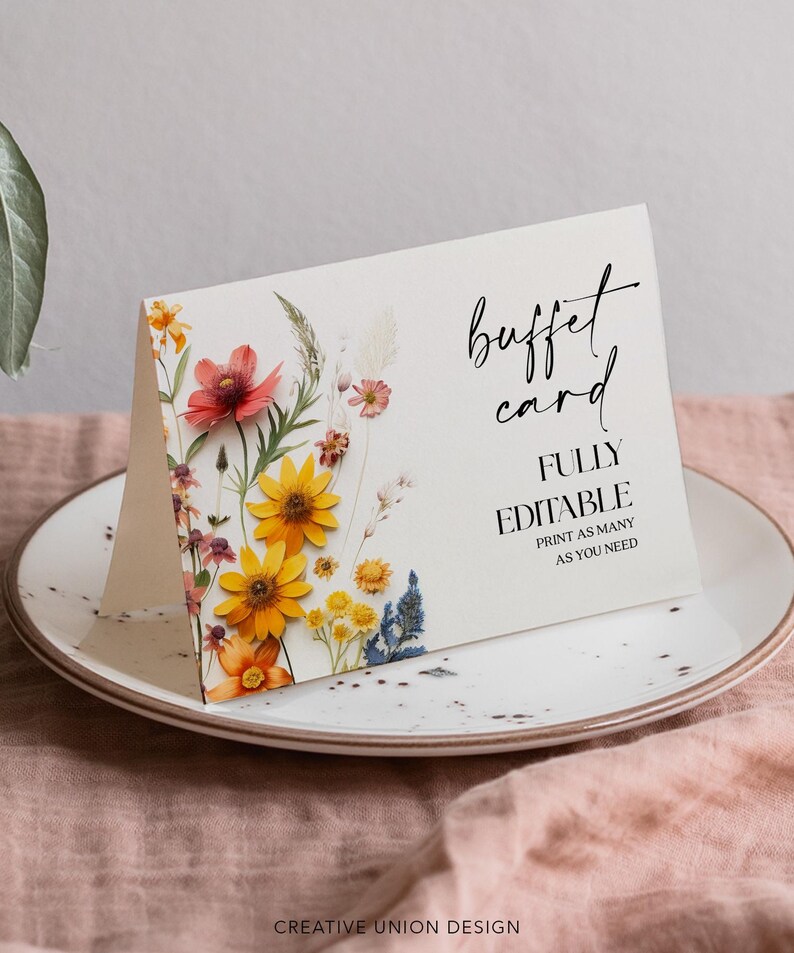 Pressed Flowers Buffet Card Template, Food Label, Wildflowers, Modern