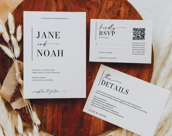 Minimal Aesthetic Wedding Invites with QR Code, Wedding Invite Suite, Wedding Invitation with RSVP, Simple Wedding Invitation Set Template