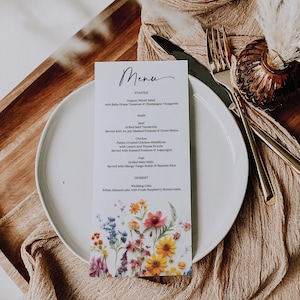 Plantilla de menú de boda con flores silvestres, menú imprimible, menú editable, menú de despedida de soltera, menú, flores prensadas, flores coloridas, decoración de bodas