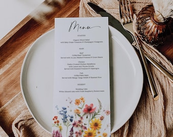 Wildflowers Wedding Menu Template, Printable Menu, Editable Menu, Bridal Shower Menu, Menu, Pressed Flowers, Colorful Floral, Wedding Decor