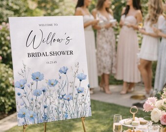 PRINTED & SHIPPED Blue Wildflower Personalized Bridal Shower Welcome Sign | Custom Shower Decorations | Blue Flowers | Dusty Blue | Garden