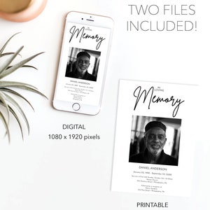 May include: Black and white digital and printable memorial card template featuring a photograph of a man and the text "In Loving Memory" and "Daniel Anderson". The card includes the dates of birth and death, the name of the church, and the address of the funeral home.