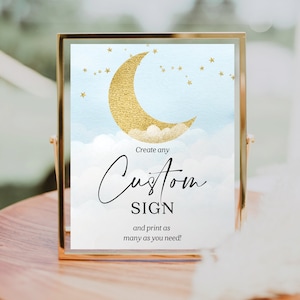 Modelo de placa personalizada "Over The Moon", placa editável para chá de bebê, lembrancinhas, presentes e cartões, placas de mesa, chá de bebê, decorações, menino, azul