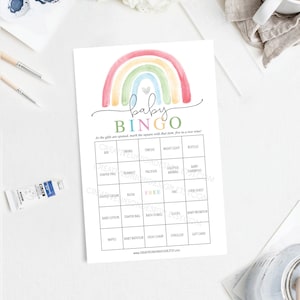 Bingo pour baby shower, 60 feuilles de jeu uniques, jeux de baby shower, baby shower sans distinction de sexe, téléchargement immédiat, baby shower, bohème arc-en-ciel