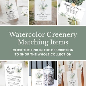 May include: A set of printable bridal shower decorations featuring a watercolor greenery design. The set includes a welcome sign, a bridal shower invitation, a mad libs game, a thank you tag, and a sign for a guess how many kisses are in the jar game.