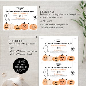 以下が含まれることがあります： ハロウィーンをテーマにした誕生日の招待状。お化け、カボチャ、クモのイラストが描かれています。招待状には「イーサンは5歳！」というテキストとイベントの詳細が含まれています。印刷オプションはシングルファイルまたはダブルファイルです。
