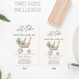 May include: Two gender reveal invitation cards in 5x7 and 4x6 inch sizes. The cards feature a watercolor illustration of a wicker baby carriage with greenery, black text reading He or She WHAT WILL BABY BE?, and event details for Sophia Anderson.