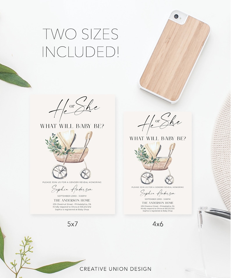 May include: Two gender reveal invitation cards in 5x7 and 4x6 inch sizes. The cards feature a watercolor illustration of a wicker baby carriage with greenery, black text reading He or She WHAT WILL BABY BE?, and event details for Sophia Anderson.
