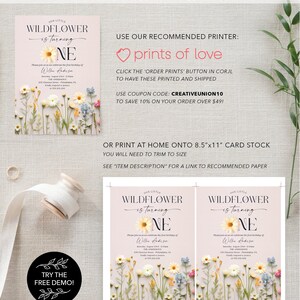 May include: Printable invitation for a first birthday party. The invitation features a floral design with the text "Our Little Wildflower is turning One" and a floral border. The invitation is available in a digital format that can be printed at home or ordered through a printing service.