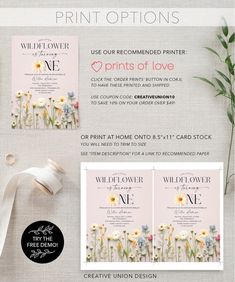 May include: Printable invitation for a first birthday party. The invitation features a floral design with the text "Our Little Wildflower is turning One" and a floral border. The invitation is available in a digital format that can be printed at home or ordered through a printing service.