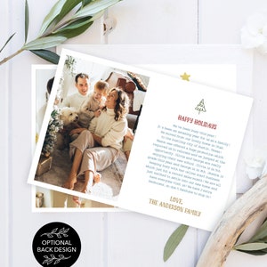 May include: A rectangular holiday greeting card featuring a photograph of a family with a dog on the left side and printed text on the right. The text includes the heading Happy Holidays, a family update, and the signature The Anderson Family.