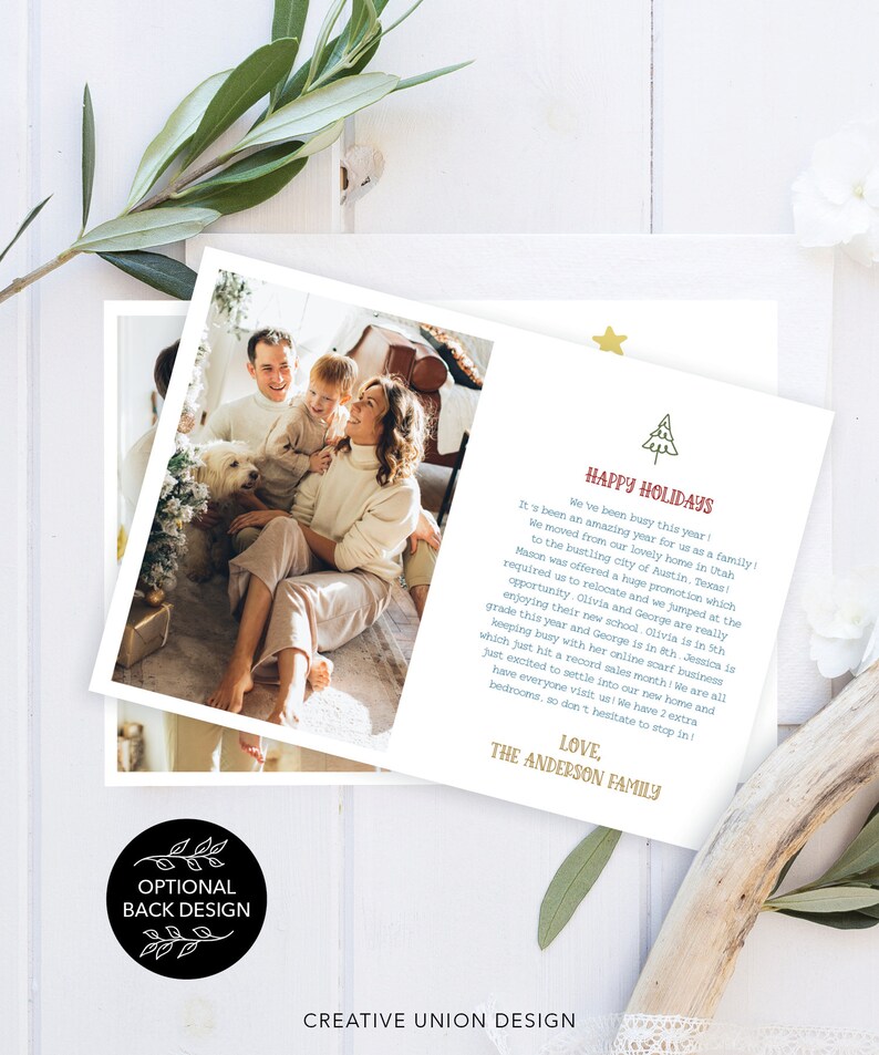 May include: A rectangular holiday greeting card featuring a photograph of a family with a dog on the left side and printed text on the right. The text includes the heading Happy Holidays, a family update, and the signature The Anderson Family.