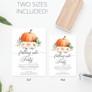 May include: Two printable invitations for a 40th birthday party with a fall theme. The invitations feature a watercolor illustration of a pumpkin with white and pink flowers. The text on the invitations reads "falling into forty".