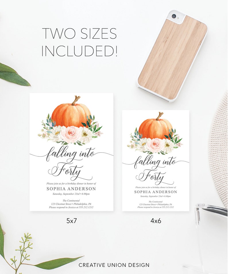 May include: Two printable invitations for a 40th birthday party with a fall theme. The invitations feature a watercolor illustration of a pumpkin with white and pink flowers. The text on the invitations reads "falling into forty".