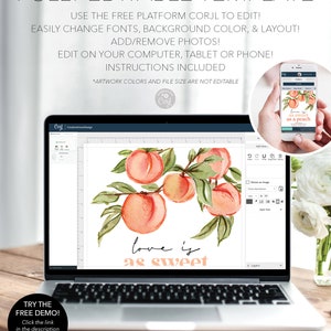 Pu&ograve; includere: Un modello di design digitale con un'illustrazione ad acquerello di pesche su un ramo con il testo "love is as sweet" in un carattere color pesca. Il design &egrave; visualizzato sullo schermo di un laptop con il logo Corjl nell'angolo in alto a sinistra.