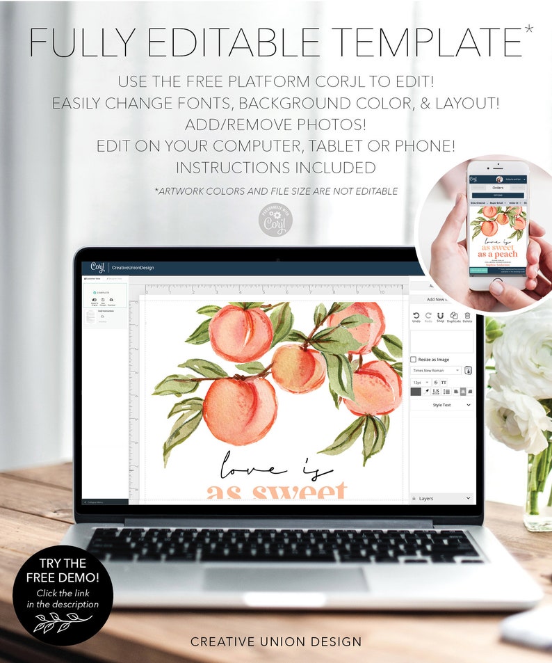 Pu&ograve; includere: Un modello di design digitale con un'illustrazione ad acquerello di pesche su un ramo con il testo "love is as sweet" in un carattere color pesca. Il design &egrave; visualizzato sullo schermo di un laptop con il logo Corjl nell'angolo in alto a sinistra.