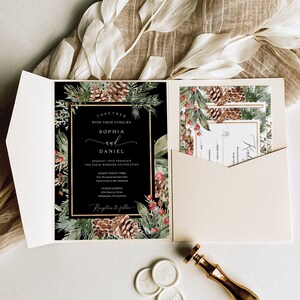 May include: Wedding invitation suite with a black background, gold borders, and botanical illustrations of pinecones and greenery. The invitation includes the names "Sophia and Daniel" and event details. Includes a matching RSVP card and wax seals.