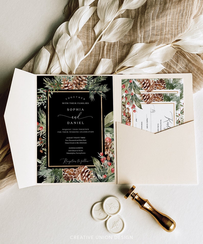 May include: Wedding invitation suite with a black background, gold borders, and botanical illustrations of pinecones and greenery. The invitation includes the names "Sophia and Daniel" and event details. Includes a matching RSVP card and wax seals.