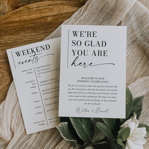 Plantilla de itinerario de boda con estética minimalista, carta de bienvenida para boda imprimible, programa de fin de semana, información para invitados, orden de eventos