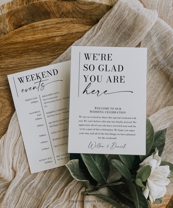 Minimal Aesthetic Wedding Itinerary Template, Printable Wedding Welcome Bag Letter, Weekend Schedule, Information for Guests, Order of Event