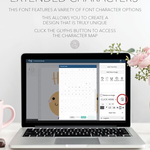 May include: A laptop computer screen displaying a character map with a variety of font options. The screen shows a design with the word "Happy" in a handwritten font. The text "CLICK HERE" is highlighted in a red box.