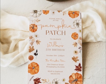 Plantilla de invitación para fiesta de cumpleaños con temática de calabazas para otoño. Invitación imprimible minimalista y rústica para fiestas de cumpleaños de otoño.