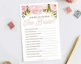 How Well Do You Know The Bride, Bridal Shower Game, Wedding Shower, Printable, US & A4 Sizes, Instant Download, Pink Peony Floral