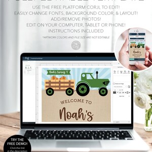 K&ouml;nnte beinhalten: Ein Laptop zeigt eine anpassbare Geburtstagsparty-Vorlage mit einem gr&uuml;nen Traktor und K&uuml;rbissen. Der Text lautet "Willkommen bei Noah" und "Noah wird 4". Ein Telefon zeigt das gleiche Design. Die Vorlage ist vollst&auml;ndig editierbar.