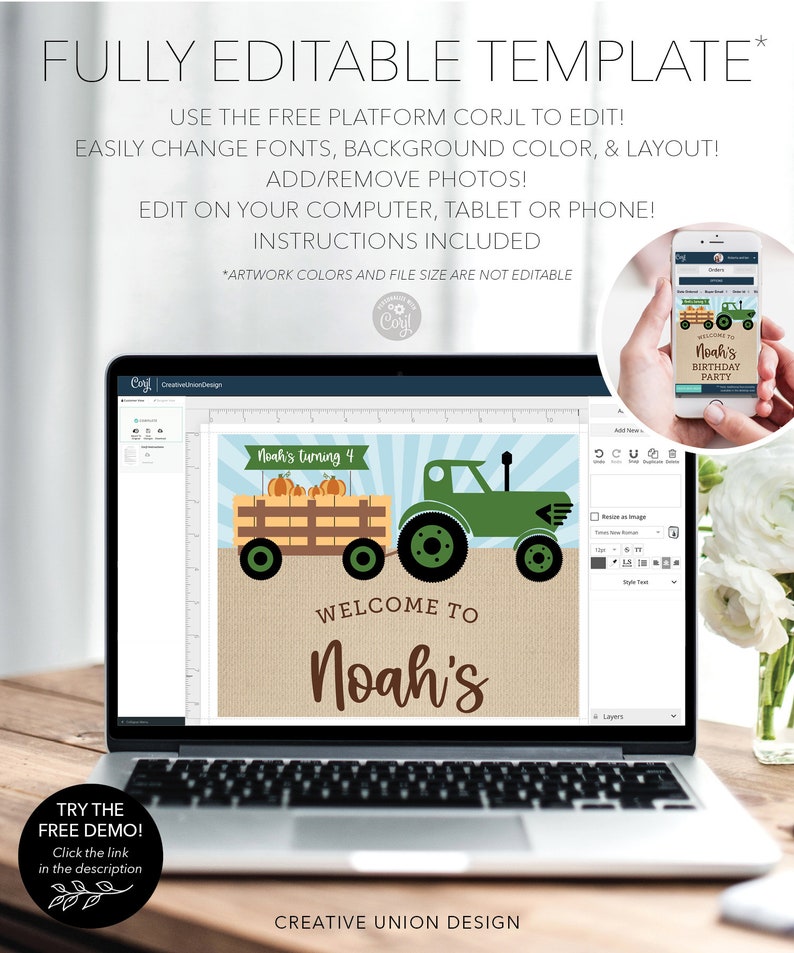 K&ouml;nnte beinhalten: Ein Laptop zeigt eine anpassbare Geburtstagsparty-Vorlage mit einem gr&uuml;nen Traktor und K&uuml;rbissen. Der Text lautet "Willkommen bei Noah" und "Noah wird 4". Ein Telefon zeigt das gleiche Design. Die Vorlage ist vollst&auml;ndig editierbar.
