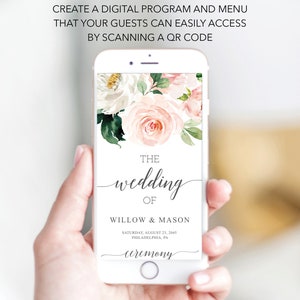 Op de afbeelding: Een digitaal huwelijks programma en menu met een bloemenontwerp. De tekst luidt "The wedding of Willow & Mason, Saturday, August 23, 2045, Philadelphia, PA, ceremony".