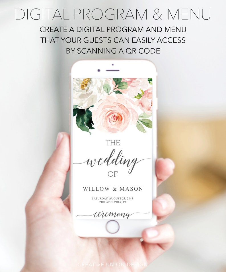 Op de afbeelding: Een digitaal huwelijks programma en menu met een bloemenontwerp. De tekst luidt "The wedding of Willow & Mason, Saturday, August 23, 2045, Philadelphia, PA, ceremony".