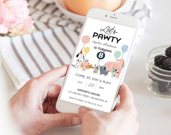 Puede incluir: Un teléfono inteligente que muestra una invitación colorida para una fiesta de cumpleaños con temática de perros. La invitación dice "Let's Pawty" y presenta una ilustración de dibujos animados de perros con globos. El texto incluye el nombre de la niña de cumpleaños, la edad, la fecha, la hora y la ubicación.