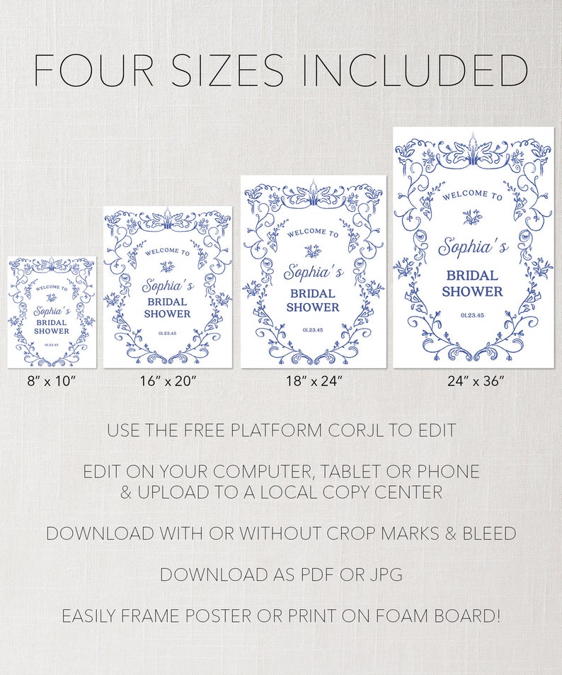 May include: Four printable bridal shower sign templates in blue and white with a floral design. The signs feature the text "Welcome to Sophia's Bridal Shower" and the date. The signs are available in four sizes: 8x10 inches, 16x20 inches, 18x24 inches, and 24x36 inches.