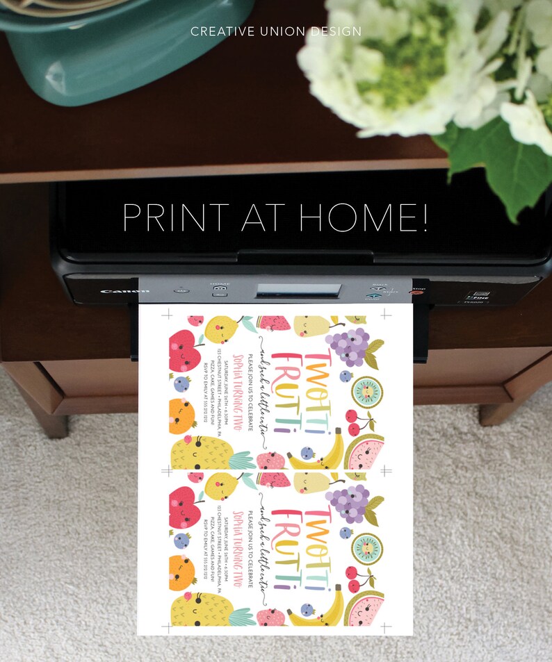 May include: A printable invitation for a child's birthday party. The invitation features a colorful design with fruit characters and the text "Twotti Fruti!" and "Please join us to celebrate Sophia turning two".