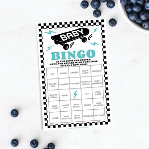 Bingo para baby shower de niño en patineta, 60 hojas de juego únicas, juegos azules para baby shower, bebé a bordo, descarga instantánea, juego imprimible para baby shower de niño