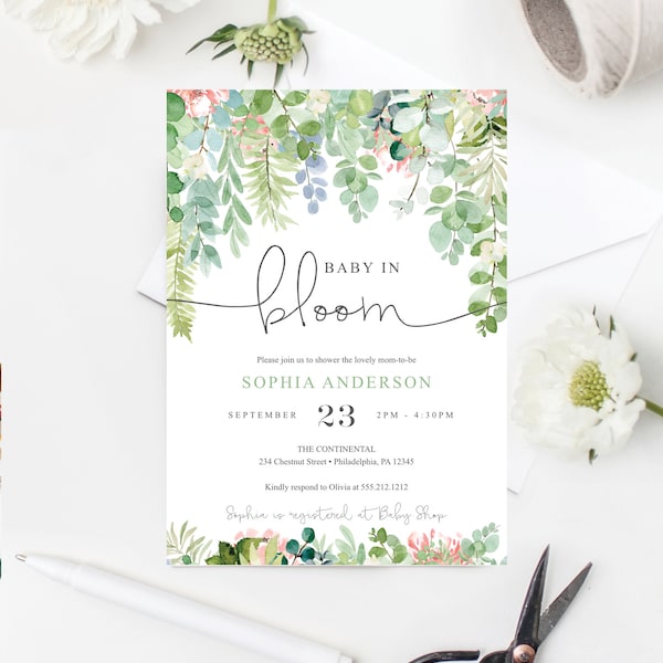 Soft Greenery Garden Baby Shower Invitation Template, Baby In Bloom, Editable Baby Shower Invite, Instant Download, Gender Neutral, Sage