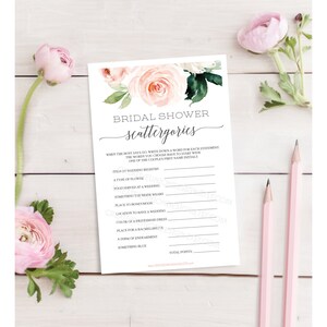 Bridal Shower Game - Scattergories - Bridal Shower Games Printable - Wedding Shower Games - Couples Shower - Blushing Blooms