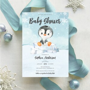 Baby Penguin Baby Shower Invite, Editable Invites, Boy Baby Shower, Winter Baby Shower Boy, Snow, Arctic, Adorable Penguin Baby, Printable