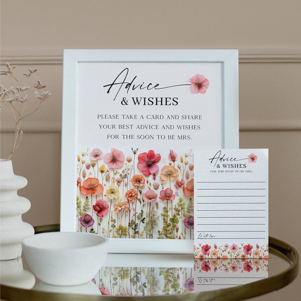 Advice and Wishes Template, Bridal Shower Game, Advice for the Bride, Advice, New Mrs, Wishes, Bridal Shower, Sign and Cards, Wildflower