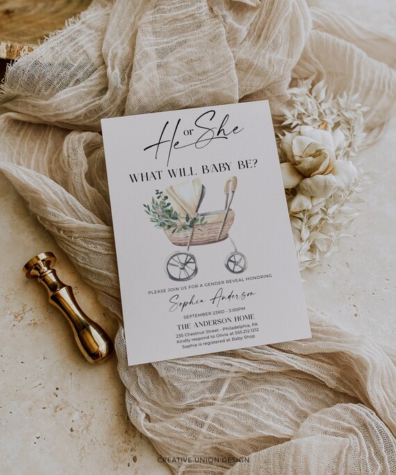 Gender Neutral Gender Reveal Invite, Neutral Boho Baby Stroller, Boho Baby Gender Reveal Invite, He or She, Boy or Girl, Instant Download