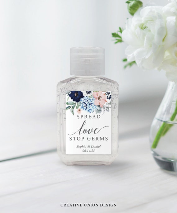 Printable Hand Sanitizer Labels - Wedding Favors - Bridal Shower Favors - Spread Love - Hand Sanitizers - 2oz Editable Label - Navy Blooms Il_570xn