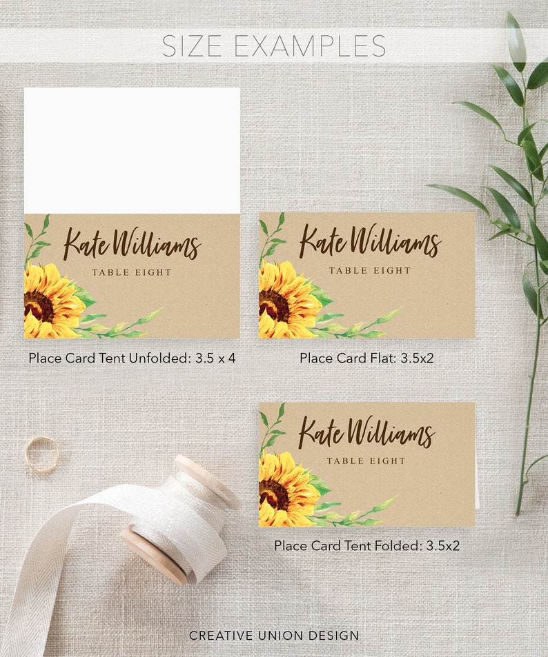 May include: Kraft paper place cards with sunflower and greenery watercolour design. The cards are labelled with the text "Kate Williams" and "Table Eight". The image shows examples of unfolded, flat, and folded cards, with dimensions of 8.9 x 10.2 cm and 8.9 x 5.1 cm.