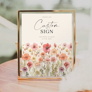 Modèle d'enseigne personnalisé modifiable, enseigne de baby shower personnalisée, cadeaux, cadeaux et cartes, enseignes de table imprimables, tiges de fleurs, fleurs sauvages colorées