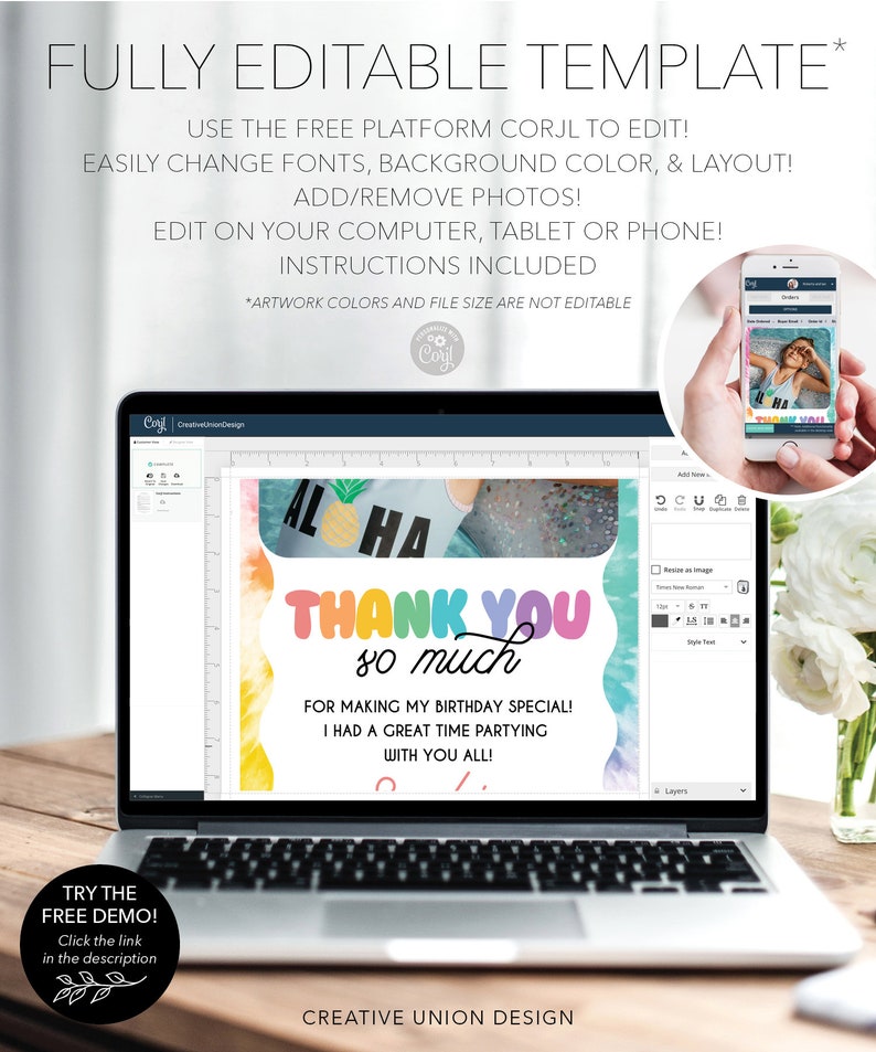 Peut inclure: L'&eacute;cran d'un ordinateur portable affichant un mod&egrave;le de carte de remerciement color&eacute; avec le texte "Thank You so much" en lettres arc-en-ciel. La carte est con&ccedil;ue pour une f&ecirc;te d'anniversaire et comprend le texte "For making my birthday special! I had a great time partying with you all!" Le mod&egrave;le est en cours d'&eacute;dition &agrave; l'aide de la plateforme Corjl.