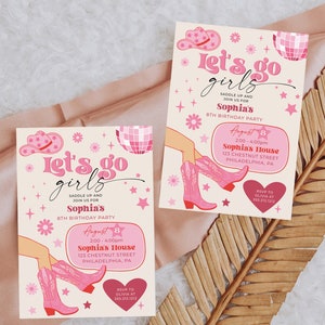 Plantilla de invitación para fiesta de cumpleaños de vaquera rosa, fiesta de vaquera disco rosa, cumpleaños de rodeo, fiesta de cumpleaños para niña, ¡Vamos chicas!, cualquier edad imagen 3