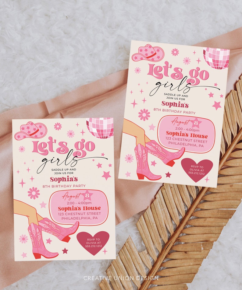 Plantilla de invitación para fiesta de cumpleaños de vaquera rosa, fiesta de vaquera disco rosa, cumpleaños de rodeo, fiesta de cumpleaños para niña, ¡Vamos chicas!, cualquier edad imagen 3