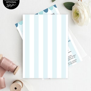 May include: A rectangular invitation card featuring vertical light blue and white stripes. The card displays printed text including details for an event at 100 Chestnut Street, Philadelphia, PA, with an RSVP contact for Jessica at 555.212.1212.