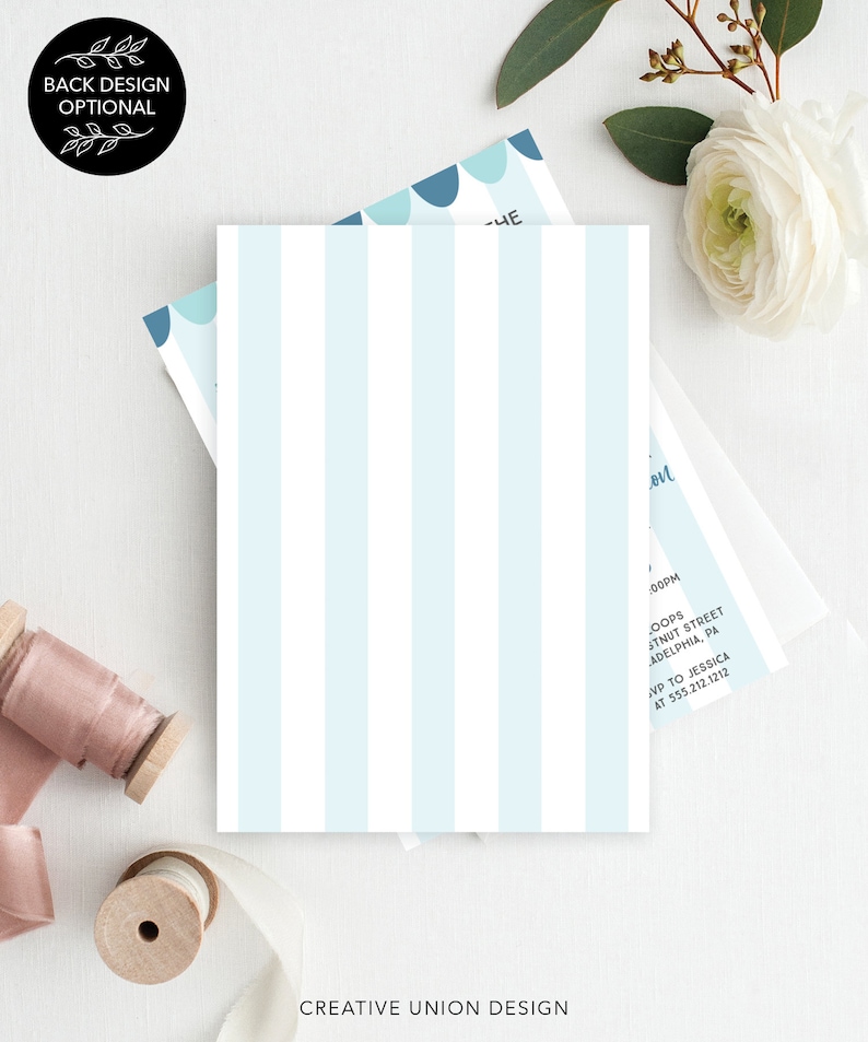 May include: A rectangular invitation card featuring vertical light blue and white stripes. The card displays printed text including details for an event at 100 Chestnut Street, Philadelphia, PA, with an RSVP contact for Jessica at 555.212.1212.