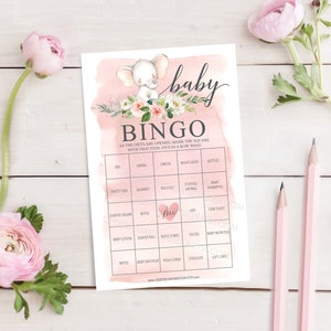 Bingo de elefantes para baby shower: 60 hojas de juego únicas: juegos para baby shower: baby shower de niña: descarga instantánea: baby shower: elefante rosa