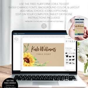 May include: A laptop screen showing a customizable template with the text "Kate Williams, Table Eight" and a sunflower graphic. A phone with the same design is also visible. The screen displays the words "Editable Template".